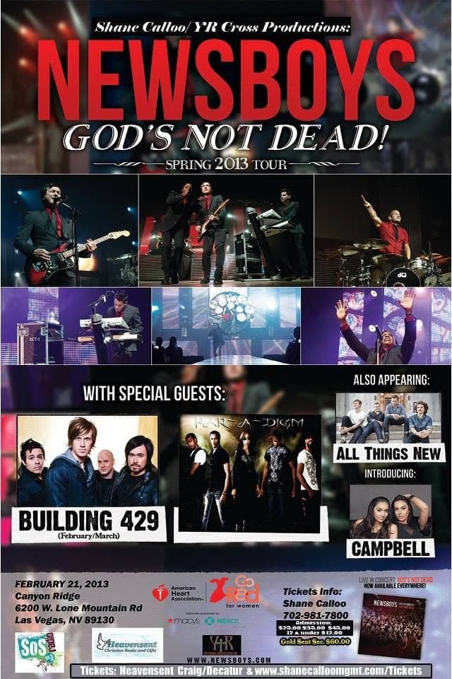Promotional poster for the Newsboys God's Not Dead Spring 2013 Tour featuring live performance photos and special guests