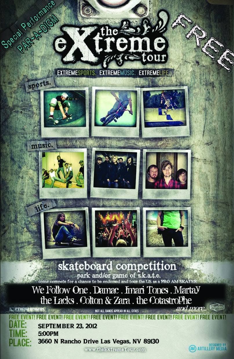 Promotional flyer for The Extreme Tour combining a skateboard competition and live music performances