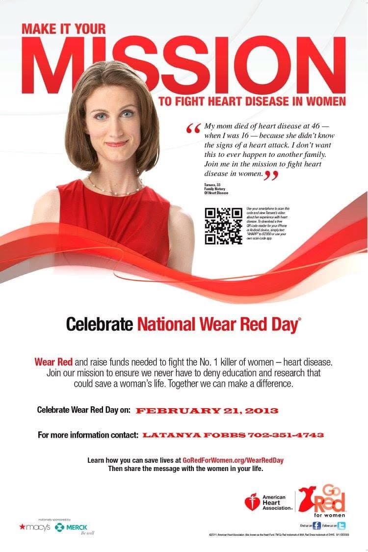 Promotional poster for National Wear Red Day raising awareness about heart disease in women